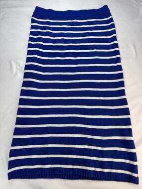 Mango Blue and White Striped Knitted Midi Pencil Skirt